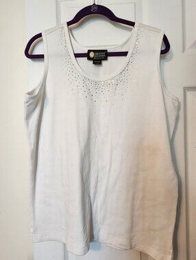 Christine Alexander White Rhinestone Scoop Neck Tank, Sz XL